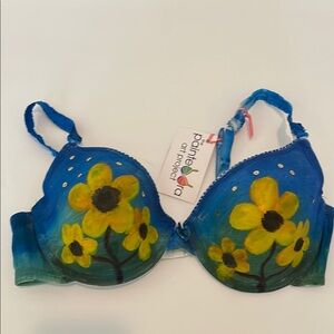 Hand-Painted Blue Bra with Yellow Floral Design